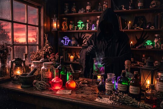 Mysterious Alchemist's Lab: A cloaked figure stands amidst shelves filled with glowing potions, mystical ingredients, and ancient vials in a dimly lit alchemist's laboratory.