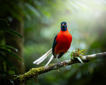 Vibrant Red and Blue Bird with Long Tail Feathers on a Branch