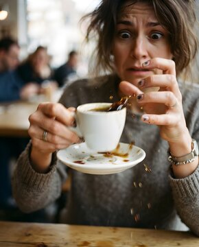 A candid, close-up photograph capturing a shocked woman in a cafe accidentally spilling a cup of hot black coffee onto her hand and lap, showing a startled facial expression.