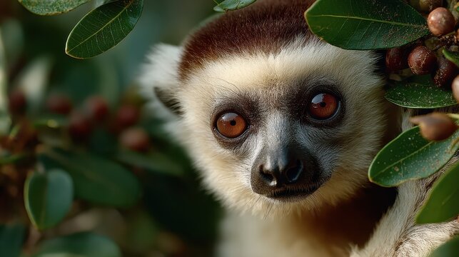 A captivating portrait captures the endearing gaze of a Sifaka lemur amid lush foliage, highlighting its unique appearance and the wild beauty of its natural habitat