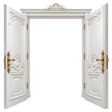 Open double wooden door with decorative carvings