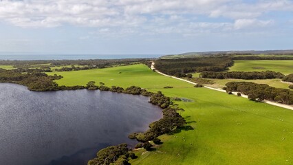 Obraz premium Antechamber Bay, Kangaroo Island, South Australia – 4K Aerial Drone View of Lashmar Lagoon, Green Farmland, Sheep Farms, Country Roads and Rural Coastal Landscape