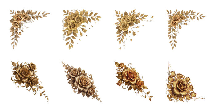 Set of gold and brown rose corner borders ornate floral frames for luxury design.