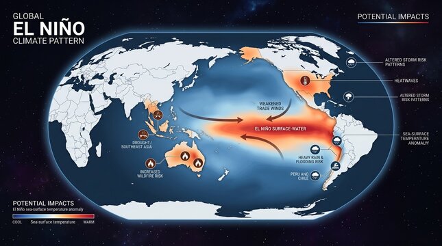 Global el nino climate pattern and potential impacts map