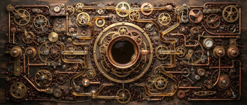 An intricate steampunk machinery background featuring brass gears, copper pipes, and scattered coffee beans surrounding a central cup filled with dark hot brew.