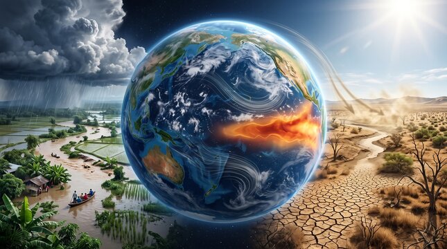 Planet earth showing contrasting climate change: lush green vs dry desert