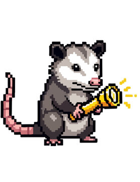 Pixel art opossum holding a yellow flashlight mascot