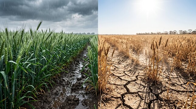 Wheat field split showing healthy green crops versus dry, cracked earth and dead plants