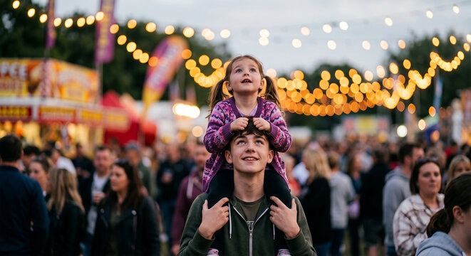 A brother lifts his little sister onto his shoulders at a crowded outdoor festival so she can see over the crowd