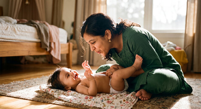 A South Asian mother in a simple cotton kurta sits cross-legged on a sunlit bedroom floor, gently blowing on her infant's belly as the baby erupts into a toothless giggle.