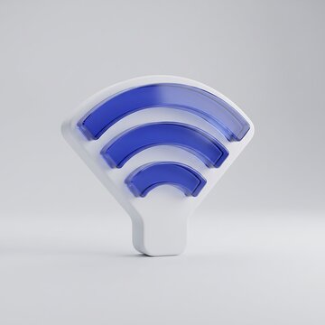 3D geometric Wi-Fi icon with cobalt blue glass signal waves isolated on light background