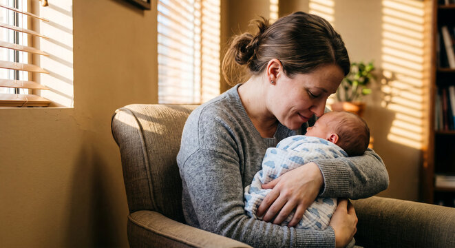 An adoptive mother holds her newly placed infant for the first time in a quiet agency office, her whole body curved protectively around the child, lips pressed to the baby's forehead.