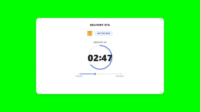 Modern e-commerce delivery ETA card featuring an animated countdown timer, package delivery status, progress indicator, estimated arrival time, and smooth downward fade-out inside a clean modern UI co
