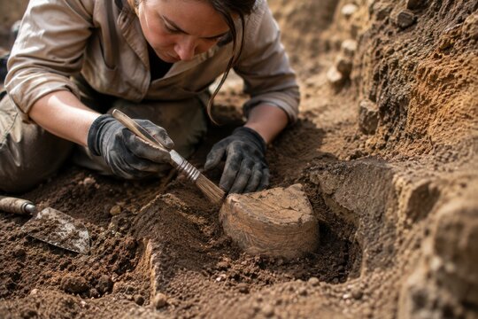 Horizontal wide banner close-up photograph of a focused female archaeologist wearing work gloves carefully brushing soil from a buried ancient clay pottery fragment at an outdoor dig trench.