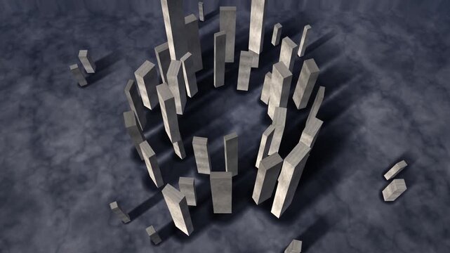 Ancient Stone Circle of Standing Monoliths, Slow Orbiting Aerial View With Parallax, Seamless Loop in deep indigo tones