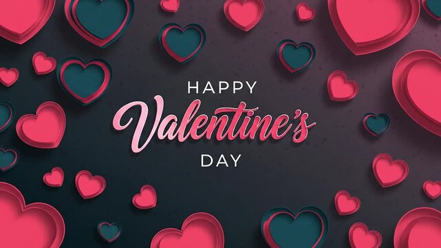Happy Valentine's Day greeting card with pink and dark layered paper hearts