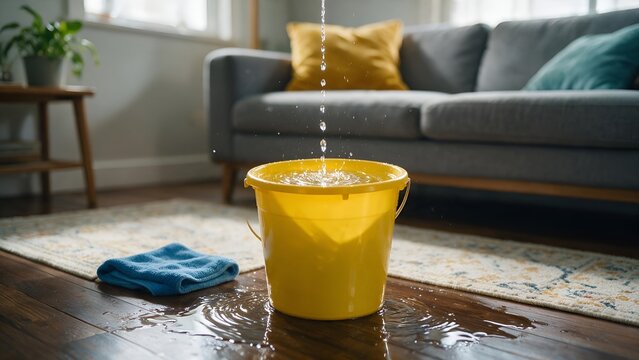 Yellow plastic bucket catching leaking water droplets from ceiling inside a cozy living room space with wooden floor and blue towel resting on the ground