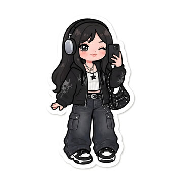 Cute chibi cartoon character sticker illustration with a bold outline and white die-cut border. Kawaii digital art style with expressive character design, perfect for stickers and creative projects.