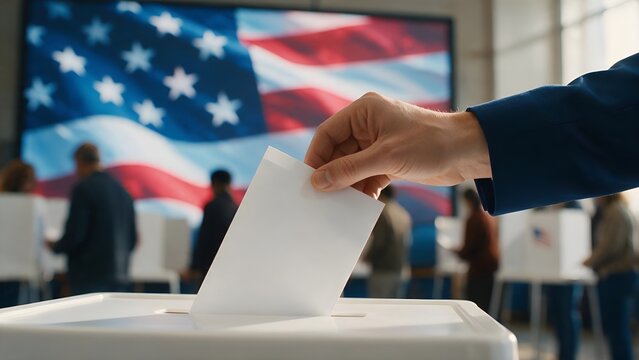 Hand casting a white ballot paper into a secure plastic voting box during a national election day event with the blurred american flag background visible