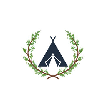 Minimalist Camping Teepee Tent Icon Framed by Green Pine Branches Vector Illustration