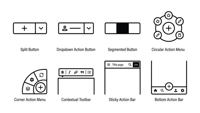 User Interface Elements Set: A collection of user interface and user experience elements, including split buttons, dropdown action buttons, segmented buttons, circular action menus.