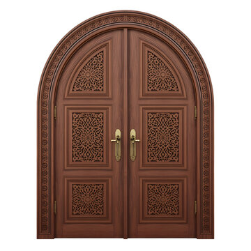Elegant wooden arched double door with intricate carvings