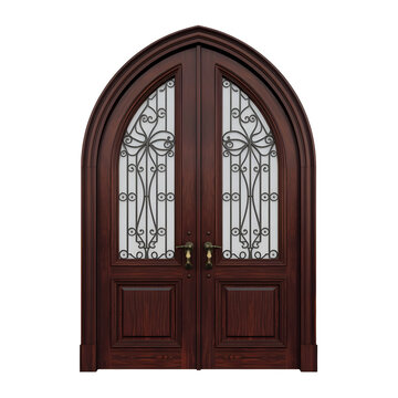 Dark wooden double front door with glass panels