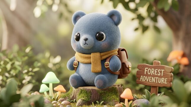 A cute plush bear character in a whimsical forest setting with mushrooms and a signpost.