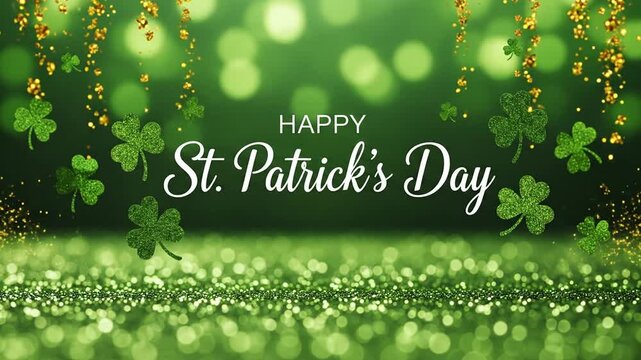 St. Patrick's Day festive green background with falling shamrocks and gold glitter.