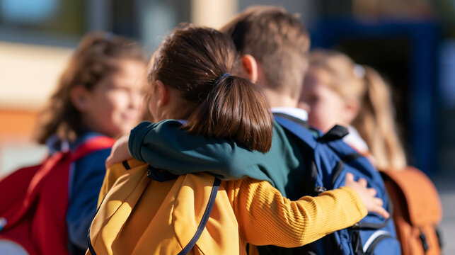 group of kids with colorful backpacks hugging together outside a bright school entrance, captured from behind with faces out of frame, cheerful body language and sunny exterior,