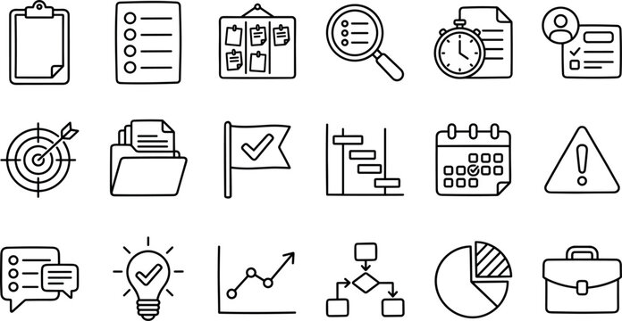 Minimalist project planning and task management line icons set featuring checklist calendar target chart gantt board and workflow schedule elements
