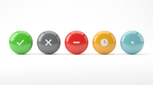 A set of five colorful glossy spheres featuring various icons including check marks and mathematical symbols on white background