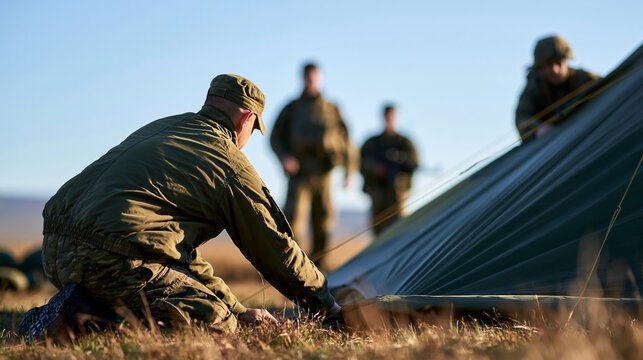 soldiers setting up a military camp in a remote open area under a bright clear sky, rear view with faces out of frame, sunny grassy terrain and clean daylight, tent assembly, army