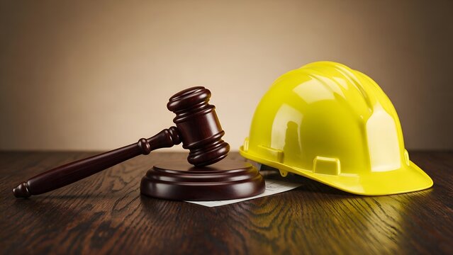 Polished dark wooden judicial gavel sits alongside a bright yellow plastic hard hat on a textured brown desk surface capturing legal issues in construction industry