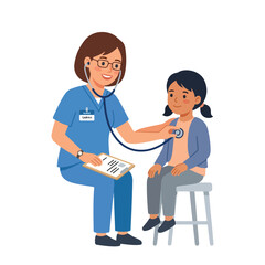 Obraz premium A friendly female nurse wearing blue scrubs uses a stethoscope to examine a young girl sitting on a stool in a clinic.