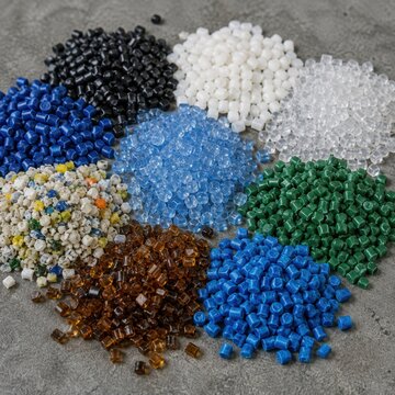 Diverse colorful plastic polymer granules and pellets used as raw material for industrial manufacturing and recycling.