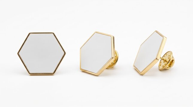 Blank white hexagon enamel pin mockup with gold metal border, geometric badge template for logo design, branding identity, fashion accessory or custom souvenir manufacturing