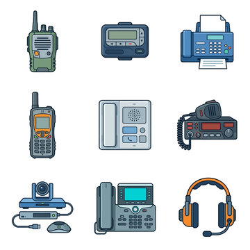 Set of communication technology icons including walkie talkie pager fax telephone headset and video conference system.
