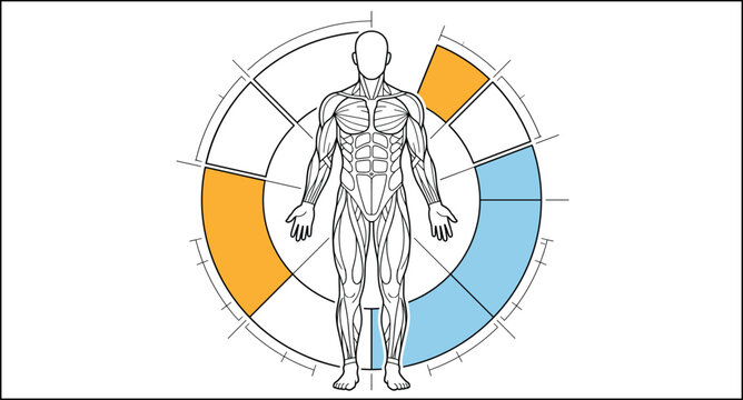 Human muscular anatomy diagram featuring circular progress indicators in orange and blue for body analysis and fitness stats.