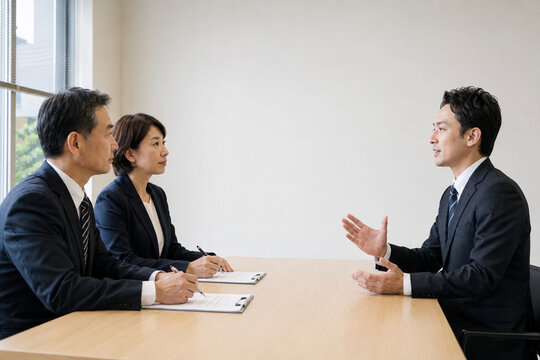 Japanese hiring managers interviewing a business candidate in a meeting room with copy space