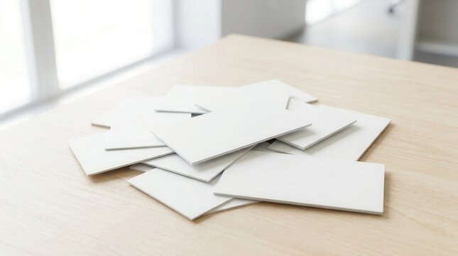 A stationery mockup presentation template featuring a pile of scattered blank white rectangular paper cards on a light wooden table by a bright window.