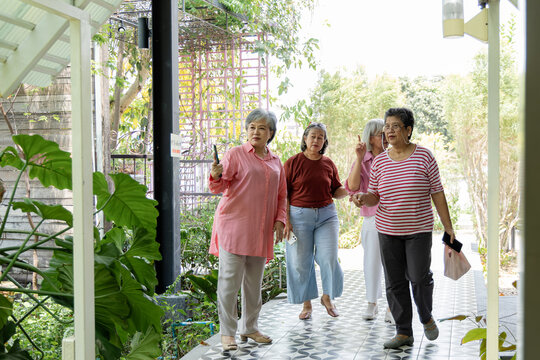 Active seniors walk together toward an outdoor cafe, talking and pointing ahead as they arrive for a warm reunion that reflects friendship, independence and social connection outdoors, aging society.
