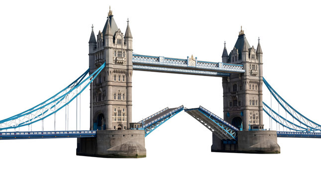 Isolated Tower Bridge London with Raised Bascules 3D Render on Transparent