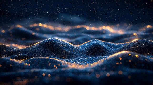 Ondas digitais abstratas, part&iacute;culas brilhantes, fundo escuro. Poss&iacute;vel uso como foto de banco de imagens.