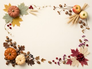 Fototapeta premium Autumn harvest arrangement with pumpkins leaves berries and wheat on a neutral background