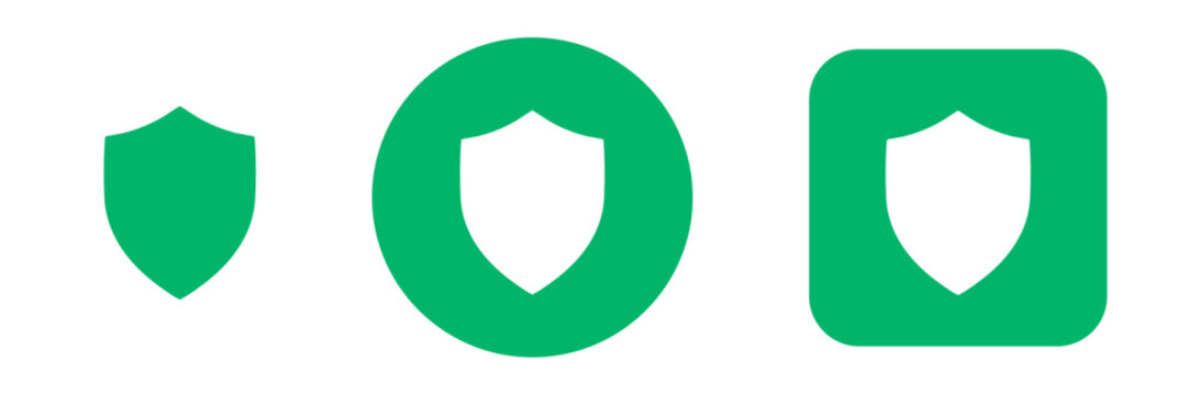 Shield icon set with privacy and secure symbols. Green colored security control icons for cybersecurity, data protection and privacy