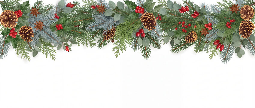 Christmas garland border with pine branches, spruce needles, red berries, and cones on white backdrop, isolated winter botanical header for holiday greeting cards and festive banners