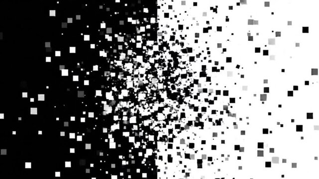 Abstract digital glitch background with black and white square particles dispersing in a chaotic motion, creating a dynamic visual effect of data disintegration and pixelated transition