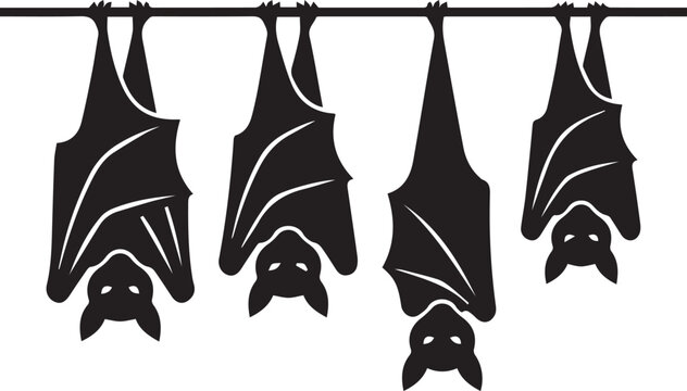 Spooky black bats hanging upside down in a row silhouette vector illustration isolated