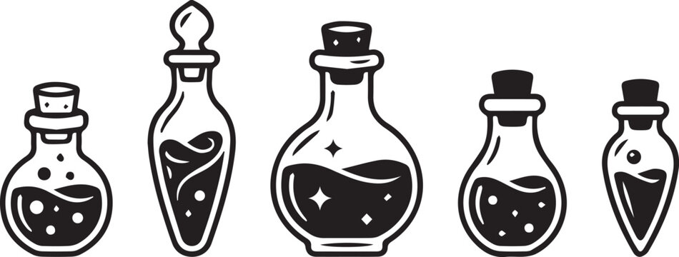 Set of magical witch potion bottles with stars outline line art vector illustration isolated